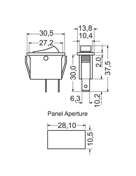 Single-pole rocker switch SPST (ON)-OFF with black button and 6.35mm faston terminals, mounting hole 28.1x10.5mm, 250V 16A