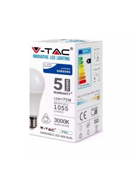 V-TAC PRO VT-262D Samsung LED Chip Bulb E27 12W A60 Dimmable
