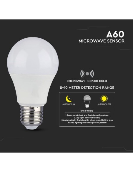 V-TAC VT-2219 LED Bulb E27 9W A60 with Motion and Twilight Sensor