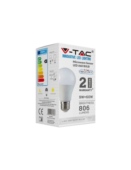 V-TAC VT-2219 Lampadina LED E27 9W A60 con Sensore di Movimento e  Crepuscolare