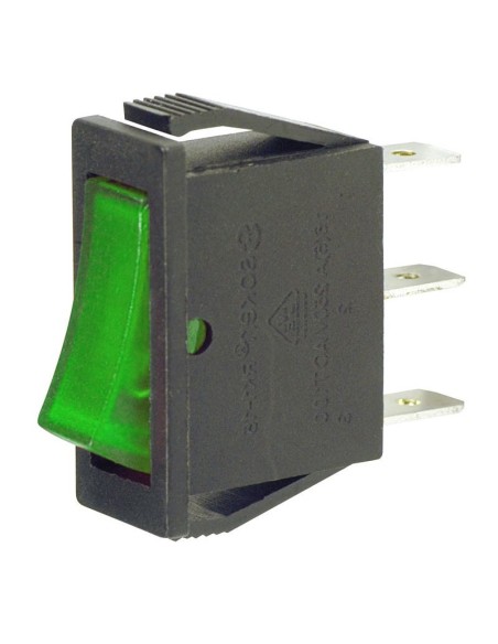 SPST single-pole rocker switch ON-OFF with green illuminated button and 6.35mm faston terminals, hole 29.5x10.5mm, 250V 16A