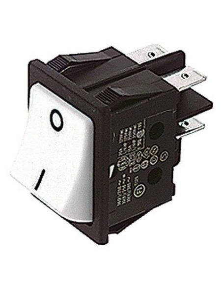 DPST two-pole rocker switch ON-OFF with white button and 6.35mm faston terminals, mounting hole 32x24.8mm, 250V 16A