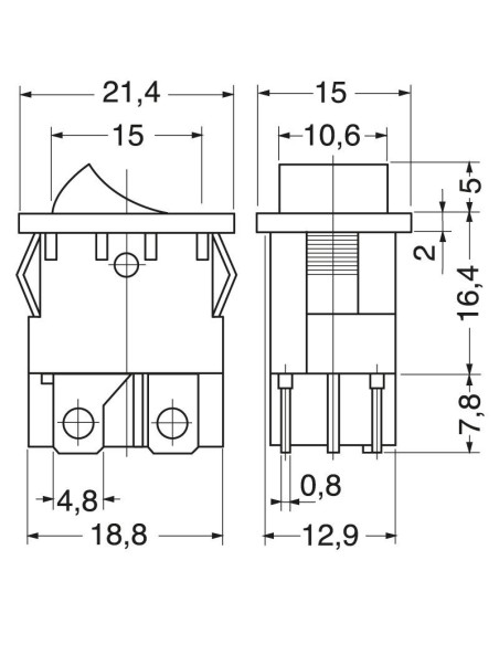 DPST dubbelpolige tuimelschakelaar ON-OFF met rode verlichte knop en 4,8mm faston terminals, montagegat 19x13mm, 250V 6A