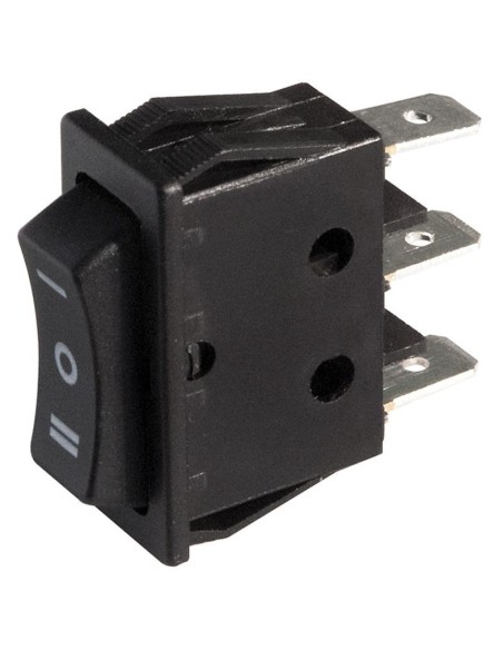 Single-pole rocker switch SPDT (ON)-OFF-(ON) with black button and 6.35mm faston terminals, mounting hole 30x11mm, 125V 20A
