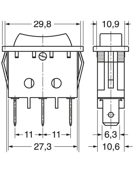 Single-pole rocker switch SPDT (ON)-OFF-(ON) with black button and 6.35mm faston terminals, mounting hole 30x11mm, 125V 20A