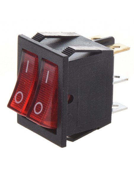 Double SPST single-pole rocker switch ON-OFF with red illuminated buttons and 6.35mm faston terminals, hole 31.2x22mm, 250V 16A