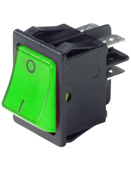 Interruptor basculante bipolar DPST ON-OFF con botón iluminado en verde y terminales faston de 6,35mm agujero 29x22mm, 250V 16A