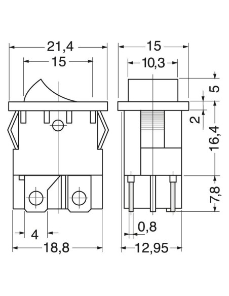 Interrupteur à bascule bipolaire DPST ON-OFF avec bouton noir et bornes faston 4.8mm, trou de montage 19x13mm, 250V 6A