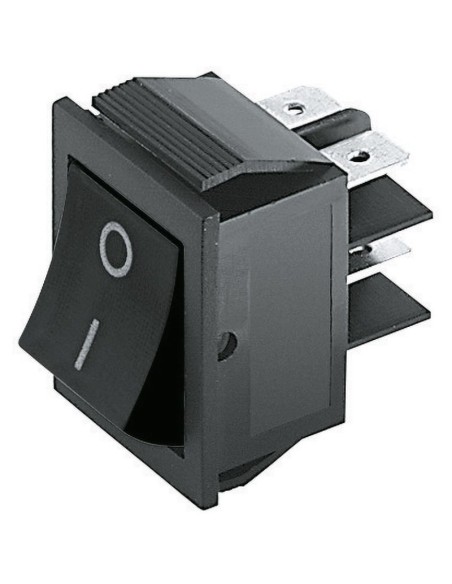 DPST double pole rocker switch ON-OFF with black button and 6.35mm faston terminals, mounting hole 31x22.7mm, 250V 15A