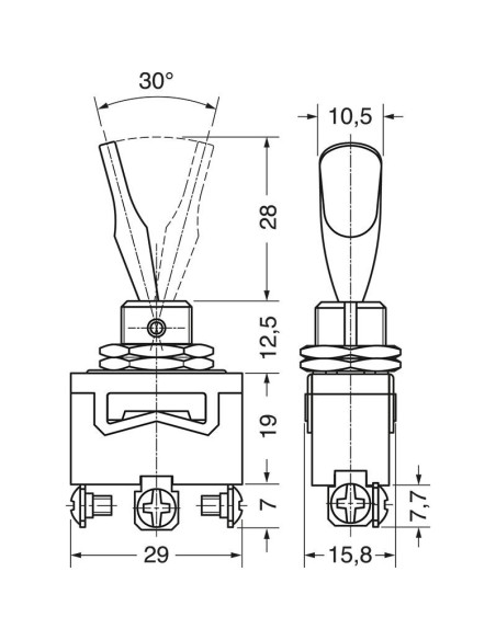 Interruptor unipolar SPDT ON-OFF-ON con palanca negra y terminales de tornillo, agujero de montaje Ø12mm, 250V 10A