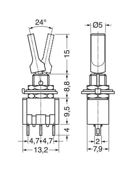 SPDT single-pole lever switch ON-ON with red lever and solder terminals, mounting hole Ø6mm, 125V 6A