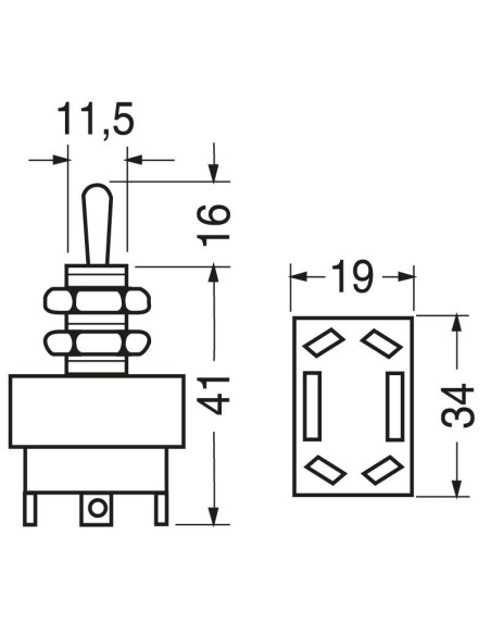 Zweipoliger DPDT-Hebelschalter ON-(ON) mit 6,35-mm-Fastonklemmen, Befestigungsloch Ø12mm, 250V 10A