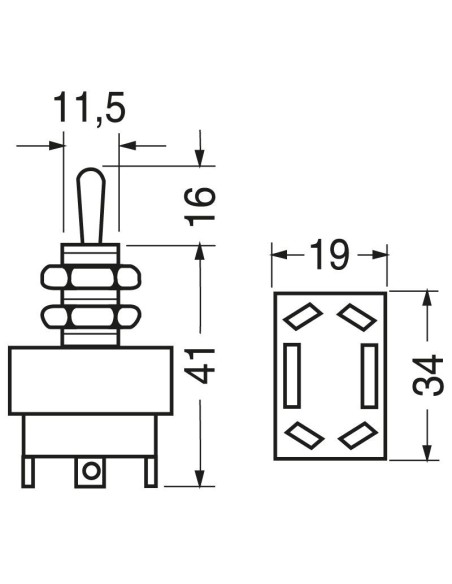 DPDT two-pole lever switch ON-OFF-ON with 6.35mm faston terminals, mounting hole Ø12mm, 250V 10A