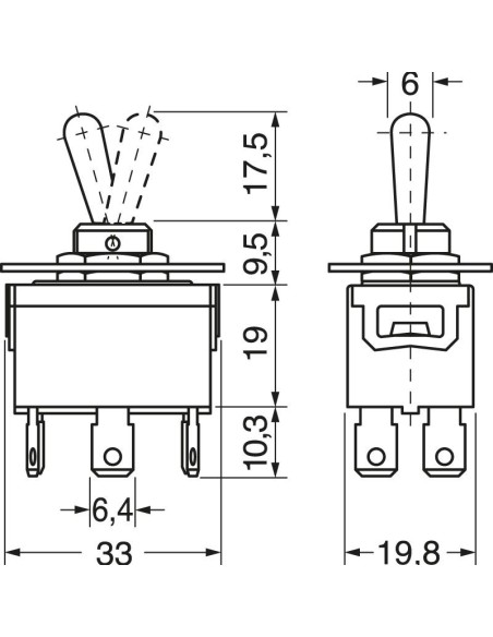 Two-pole lever switch DPDT (ON)-OFF-(ON) with 6.35mm faston terminals, mounting hole Ø12mm, 250V 10A