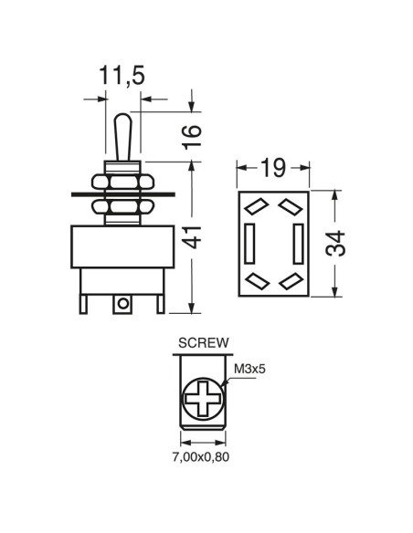 Interruptor de palanca bipolar DPDT ON-ON con terminales de tornillo, agujero de montaje Ø12mm, 250V 10A