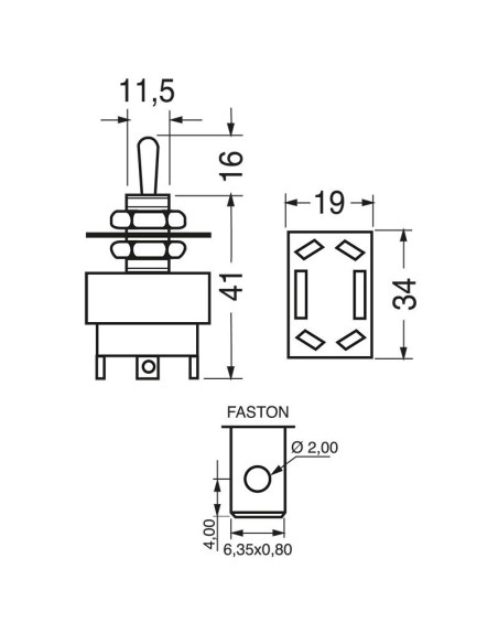 Interruptor bipolar DPDT ON-ON con terminales faston de 6,35mm, agujero de montaje Ø12mm, 250V 10A