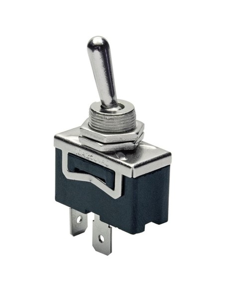 SPST single pole ON-OFF lever switch with 6.35mm faston terminals, mounting hole Ø12mm, 250V 10A
