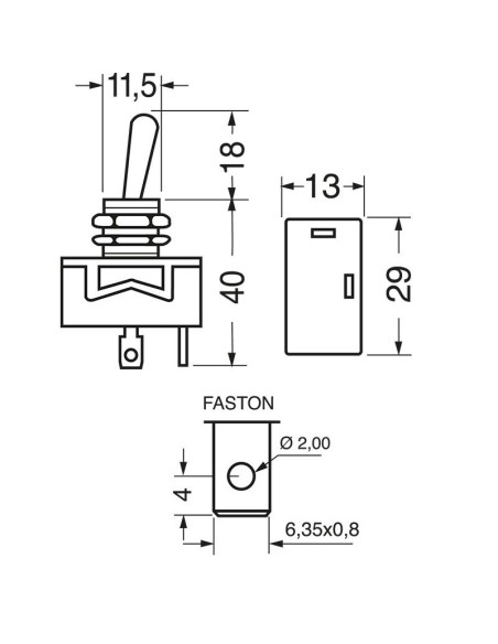 SPST single pole ON-OFF lever switch with 6.35mm faston terminals, mounting hole Ø12mm, 250V 10A