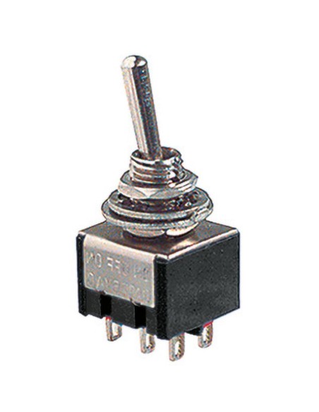Interruptor de palanca bipolar DPDT ON-OFF-ON con terminales para soldar, agujero de montaje Ø6mm, 125V 6A