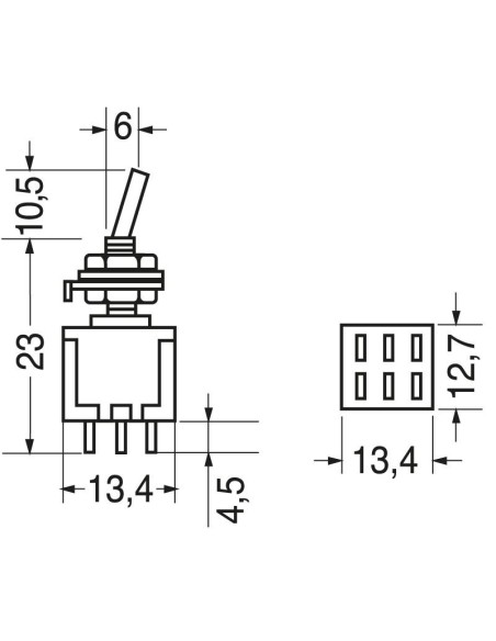 DPDT tweepolige hefboomschakelaar ON-OFF-ON met soldeeraansluitingen, montagegat Ø6mm, 125V 6A