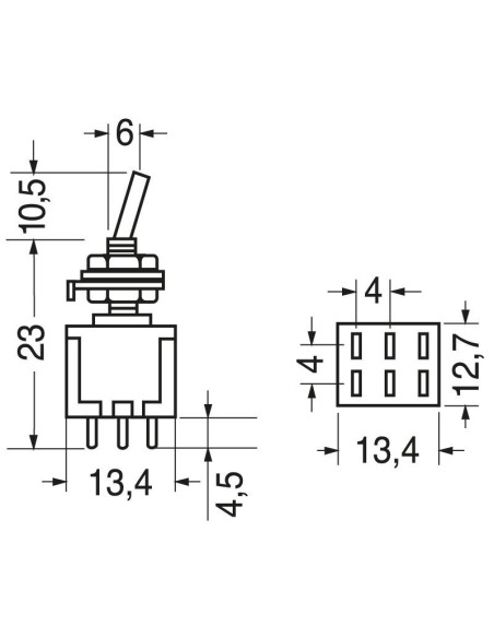Interruptor bipolar de palanca DPDT ON-ON para placa de circuito impreso, agujero de montaje Ø6mm, 125V 6A