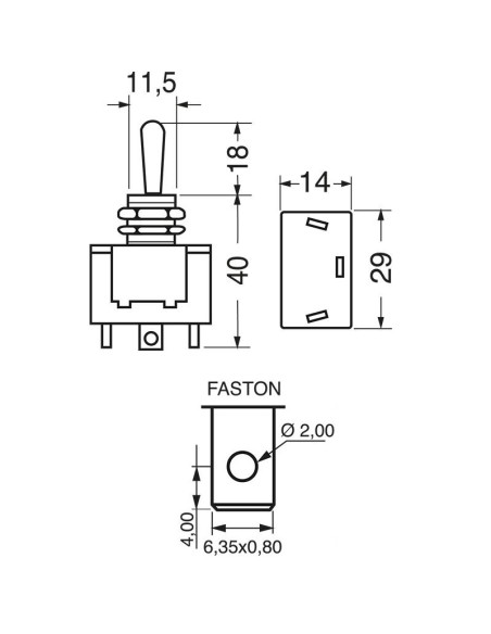 Interruptor unipolar SPDT ON-ON con terminales faston de 6,35mm, agujero de montaje Ø12mm, 250V 10A