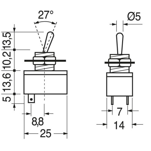 SPST single pole ON-OFF lever switch...
