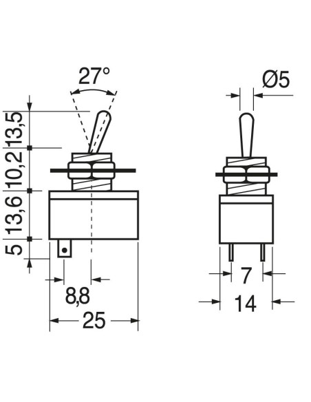 SPST single pole ON-OFF lever switch with solder terminals, mounting hole Ø12mm, 125V 4A