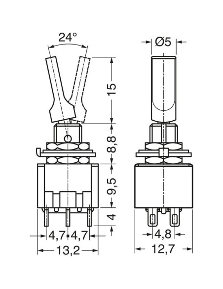 DPDT zweipoliger Hebelschalter ON-ON mit rotem Hebel und Lötanschlüssen, Befestigungsloch Ø6mm, 125V 6A