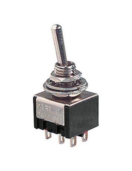 Two-pole lever switch DPDT (ON)-OFF-(ON) with solder terminals, mounting hole Ø6mm, 125V 6A