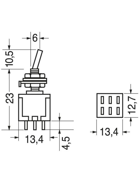 Zweipoliger Hebelschalter DPDT (ON)-OFF-(ON) mit Lötanschlüssen, Befestigungsloch Ø6mm, 125V 6A