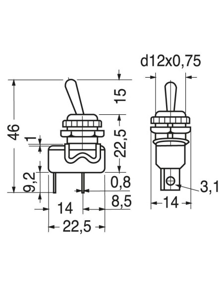 SPST enkelpolige hefboomschakelaar ON-OFF met 6,35mm faston terminals, montagegat Ø12mm, 125V 6A
