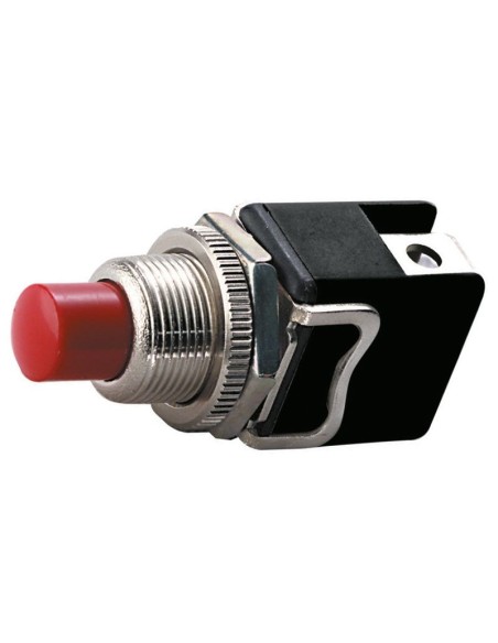 Pulsante unipolare con tasto rosso con contatto normalmente chiuso, foro di montaggio Ø12mm - 250V 4A