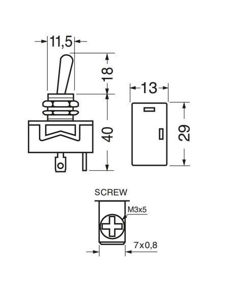 Interruptor de palanca SPST unipolar ON-OFF con terminales de tornillo, agujero de montaje Ø12mm, 250V 10A