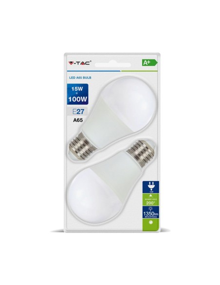 V-TAC VT-2117 Blister Pack of 2 LED Bulbs E27 15W A65