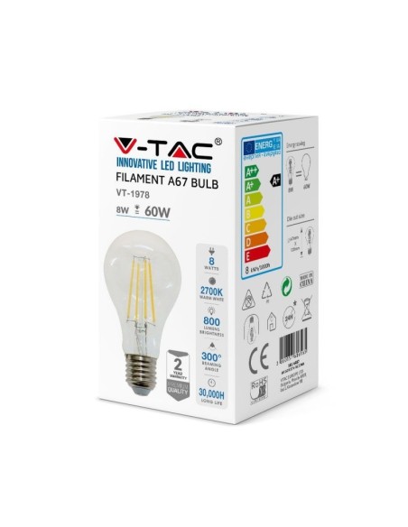 V-TAC VT-1978 LED Gloeilamp E27 8W A67 Filament
