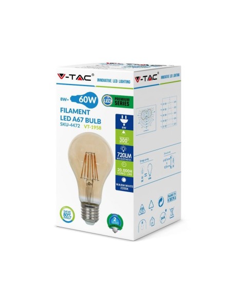 V-TAC VT-1958 4472 ampoule LED E27 8W A67 Filament Ambre 2200K