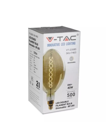 V-TAC VT-2168D 7463 LED Bulb E27 8W BF180 Double Filament Amber 2000K Dimmable
