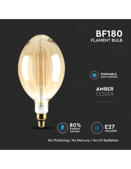 V-TAC VT-2178D 7464 LED-lamp E27 8W BF180 Filament Amber 2000K Dimbaar