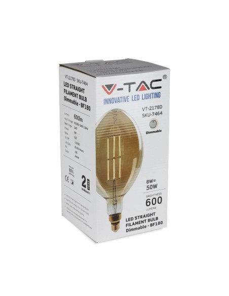 V-TAC VT-2178D 7464 LED-lamp E27 8W BF180 Filament Amber 2000K Dimbaar