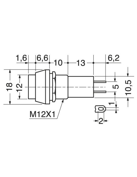 Single-pole push-button switch with red button, mounting hole Ø12mm - 250V 1A