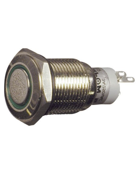 Interruttore unipolare a pulsante in metallo con anello luminoso verde, foro di montaggio Ø16mm, IP40 - 250V 3A