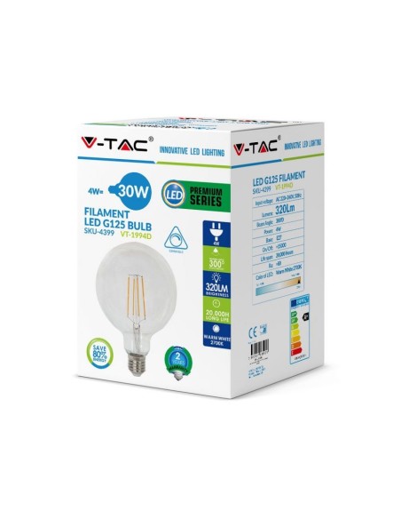 V-TAC VT-1994D 4399 LED Bulb E27 4W G125 Filament 2700K Dimmable
