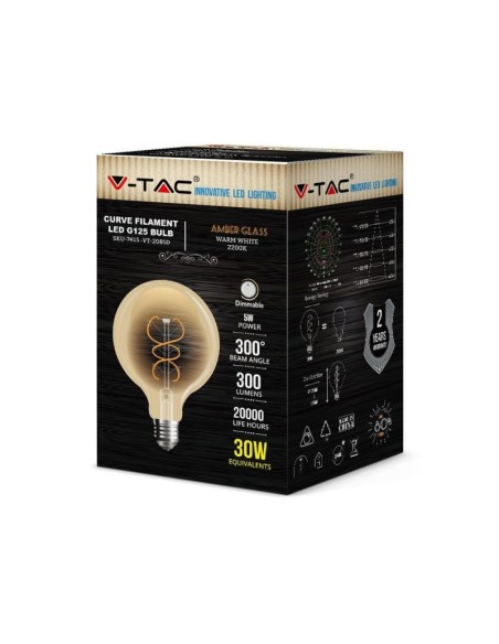V-TAC VT-2085D 7415 LED Bulb E27 5W G125 Filament Amber 2200K Dimmable