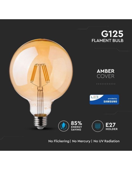 V-TAC PRO VT-297 291 Samsung Chip LED Bulb E27 6W A++ G125 Filament Amber 2200K