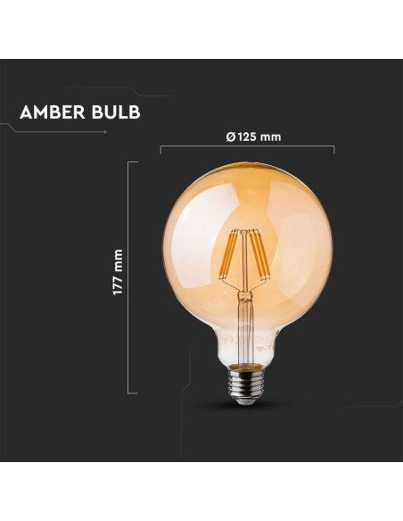 V-TAC PRO VT-297 291 Samsung Chip LED Lamp E27 6W A++ G125 Filament Amber 2200K