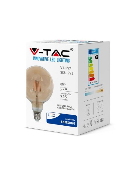 V-TAC PRO VT-297 291 Samsung Chip LED Bulb E27 6W A++ G125 Filament Amber 2200K