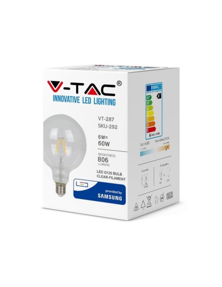 V-TAC PRO VT-287 292 Bombilla LED Chip Samsung E27 6W G125 Filamento 2700K