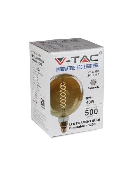 V-TAC VT-2158D 7462 LED Bulb E27 8W G200 Filament 2000K Dimmable