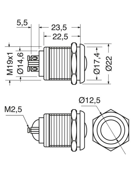 Einpoliger Metalltaster mit Schließerkontakt, Befestigungsloch Ø19mm, IP66 - 250V 2A